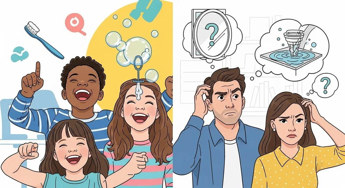 People discovering bathroom cleaning innovations with excited expressions