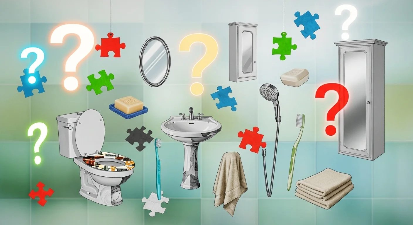 Bathroom fixtures and accessories scattered like puzzle pieces with questions