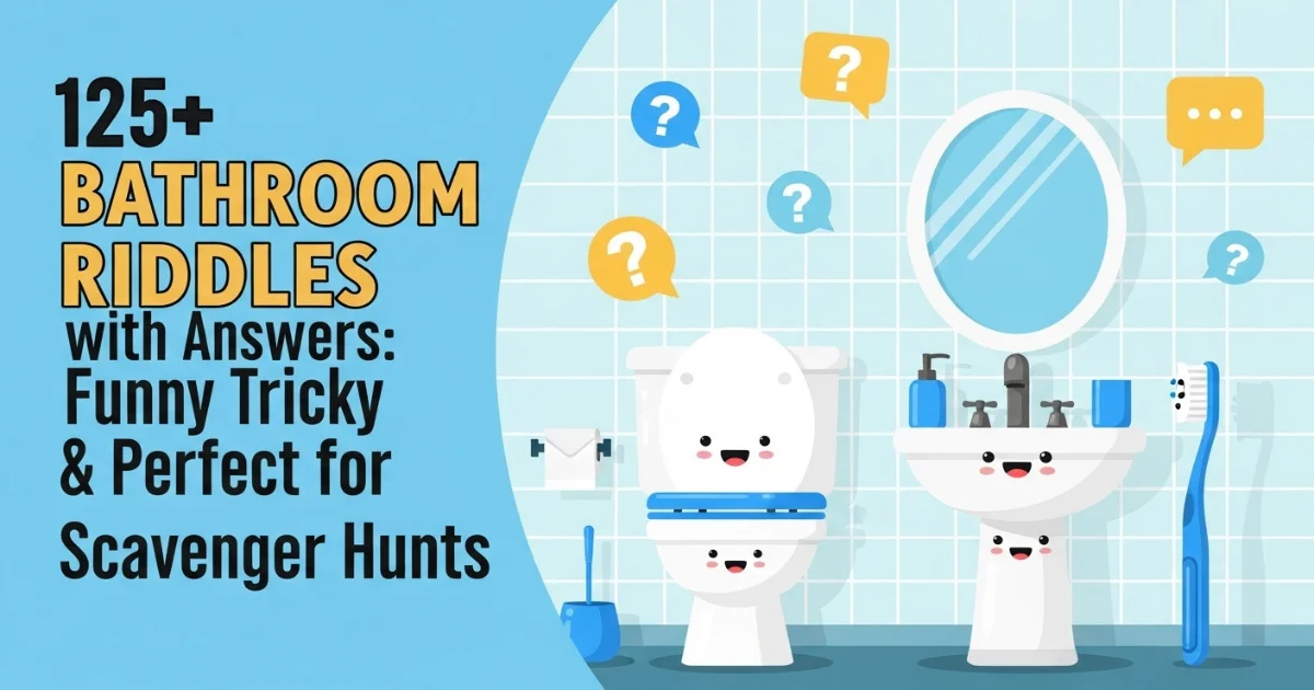 Cartoon bathroom with toilet paper and sink characters, riddles text