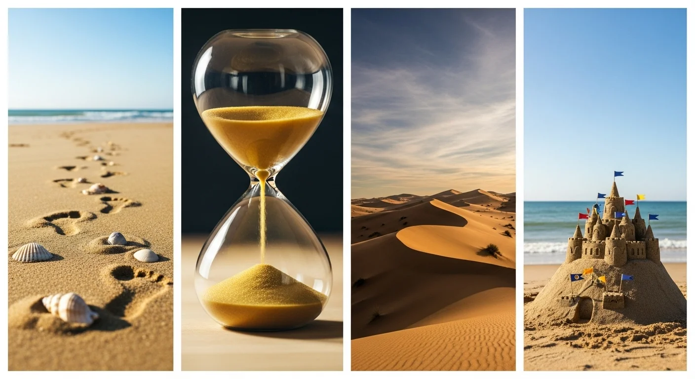 Beach footprints hourglass desert dunes sandcastle riddle themes