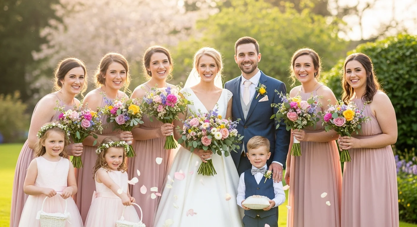 Bridal party with vibrant bouquets ready for wedding activities