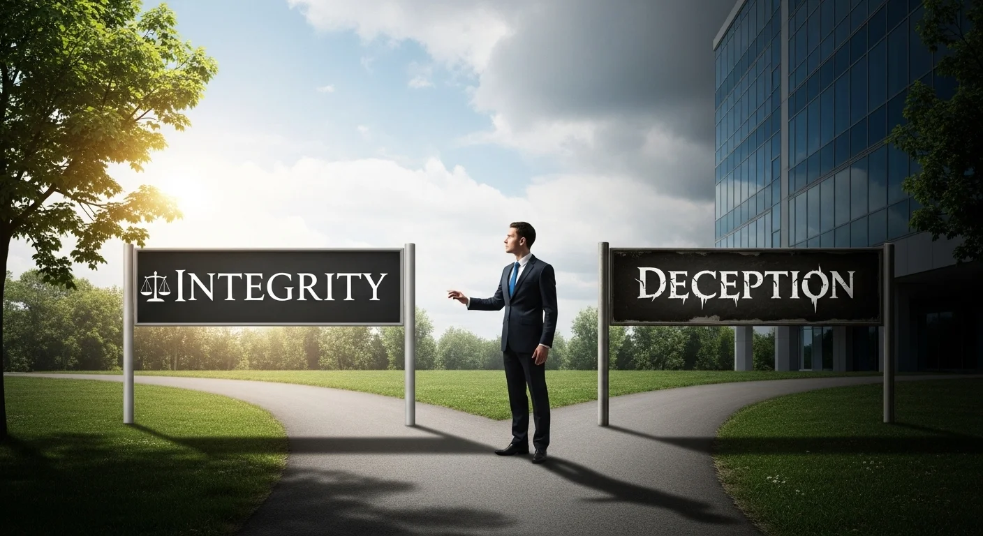 Business professional choosing between integrity and deception paths