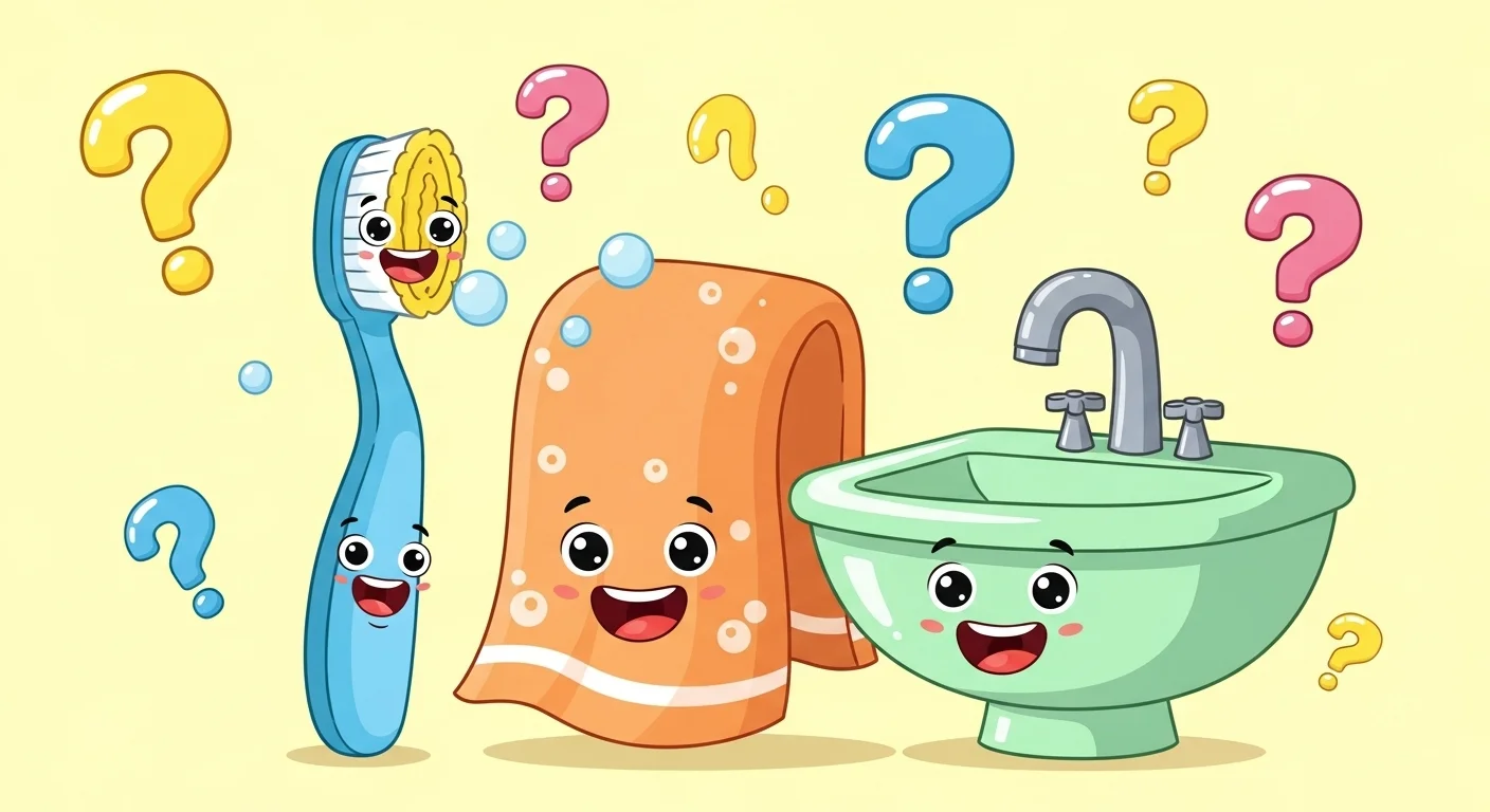 Happy toothbrush, soap, and sink cartoon characters with question marks