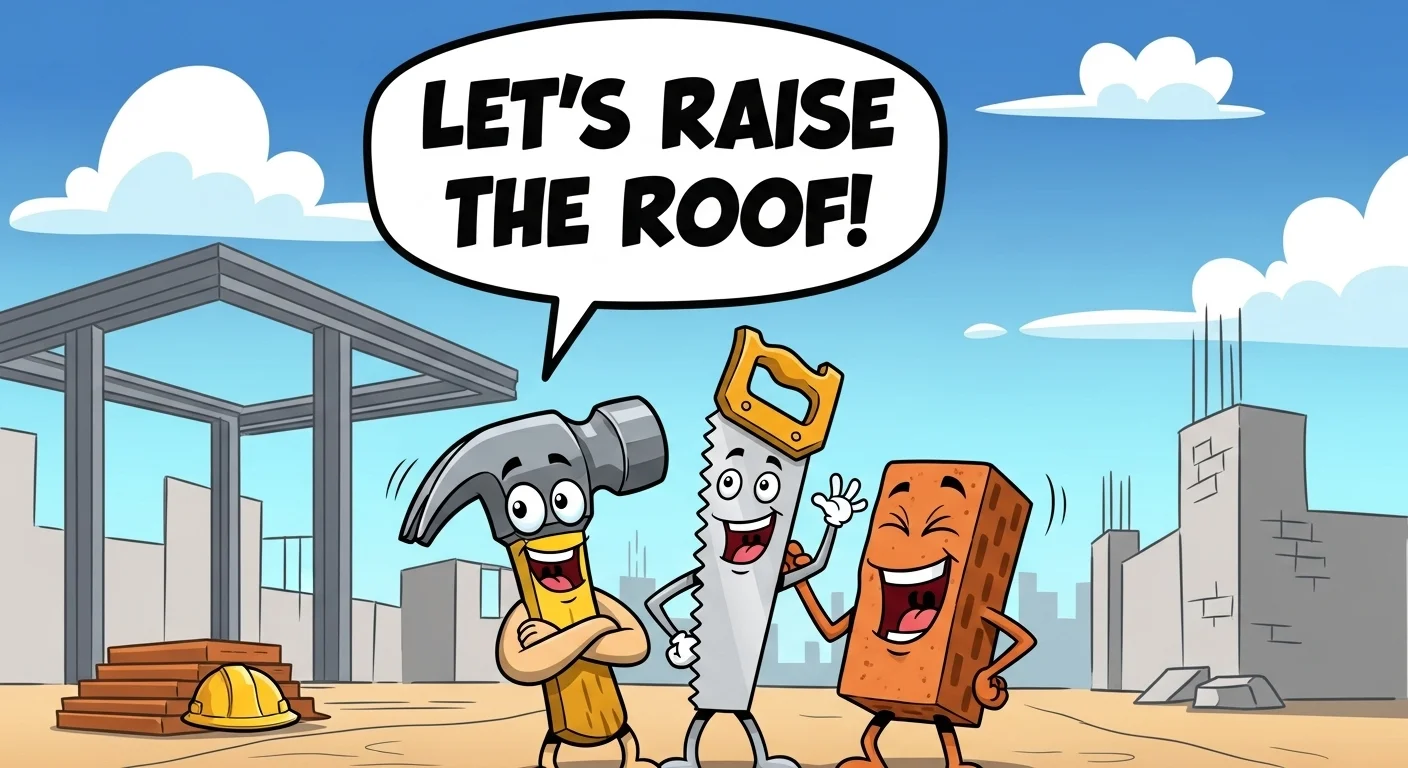 Animated construction tools cartoon saying lets raise the roof