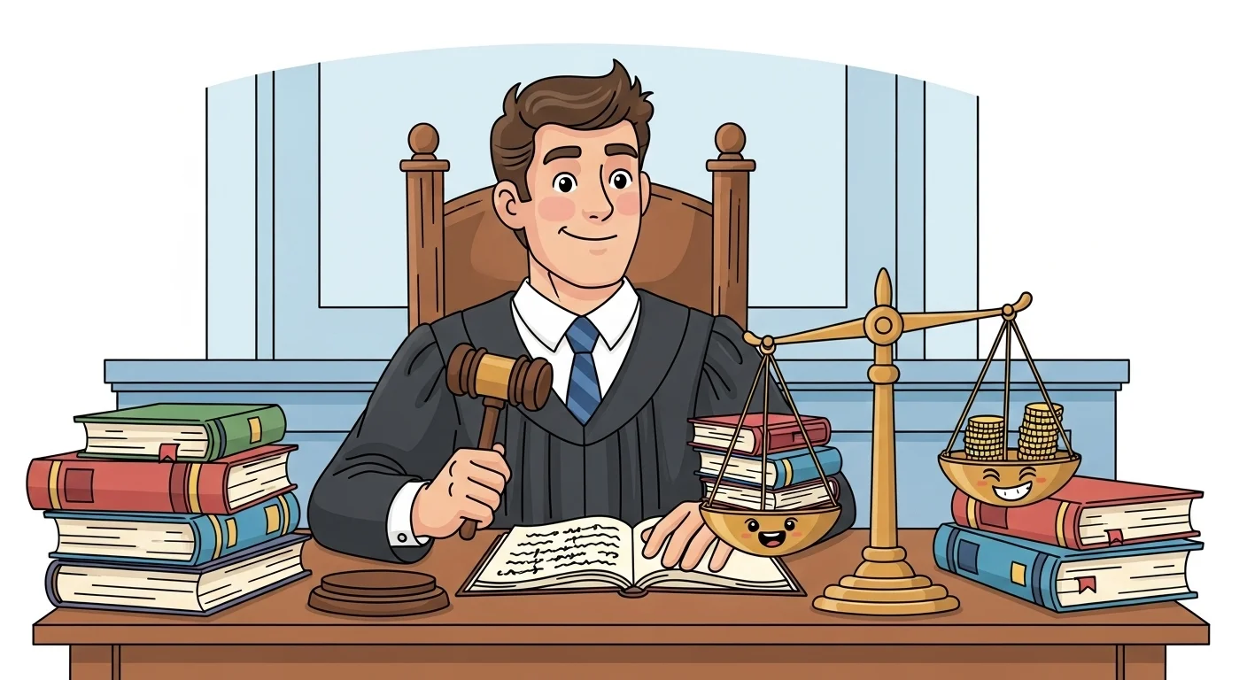 Friendly cartoon judge with gavel and law books in courtroom setting
