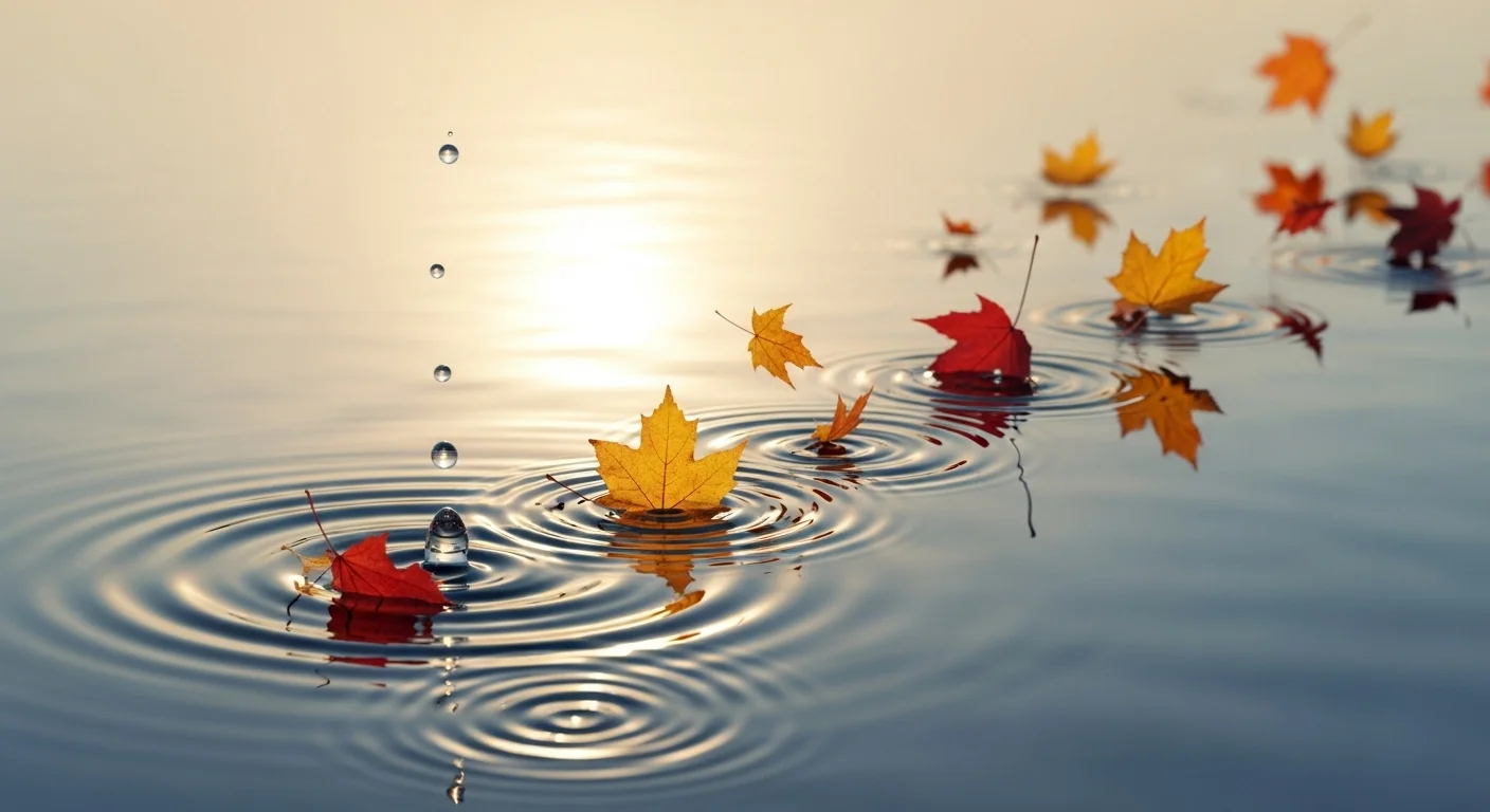 125+ Sad Riddles with Answers: Thoughtful Brain-Teasers About Life, Loss, and Emotion 6 Autumn leaves floating on water creating ripples symbolizing change in sad riddles