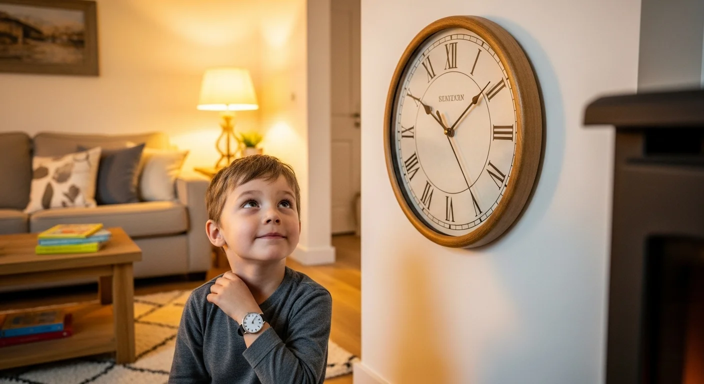 Young boy contemplating time while looking at Roman numeral wall clock