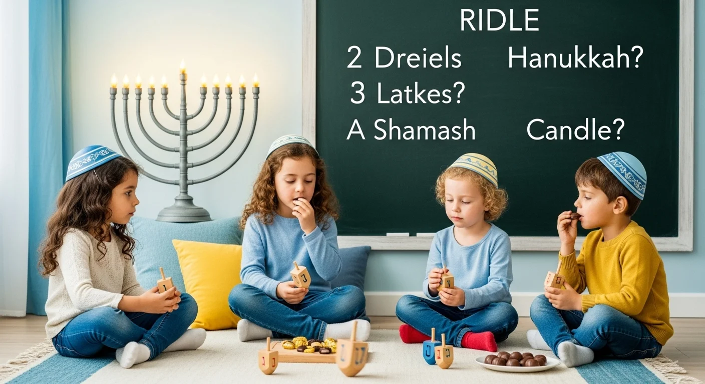 Four children solving Hanukkah riddles with dreidels in classroom