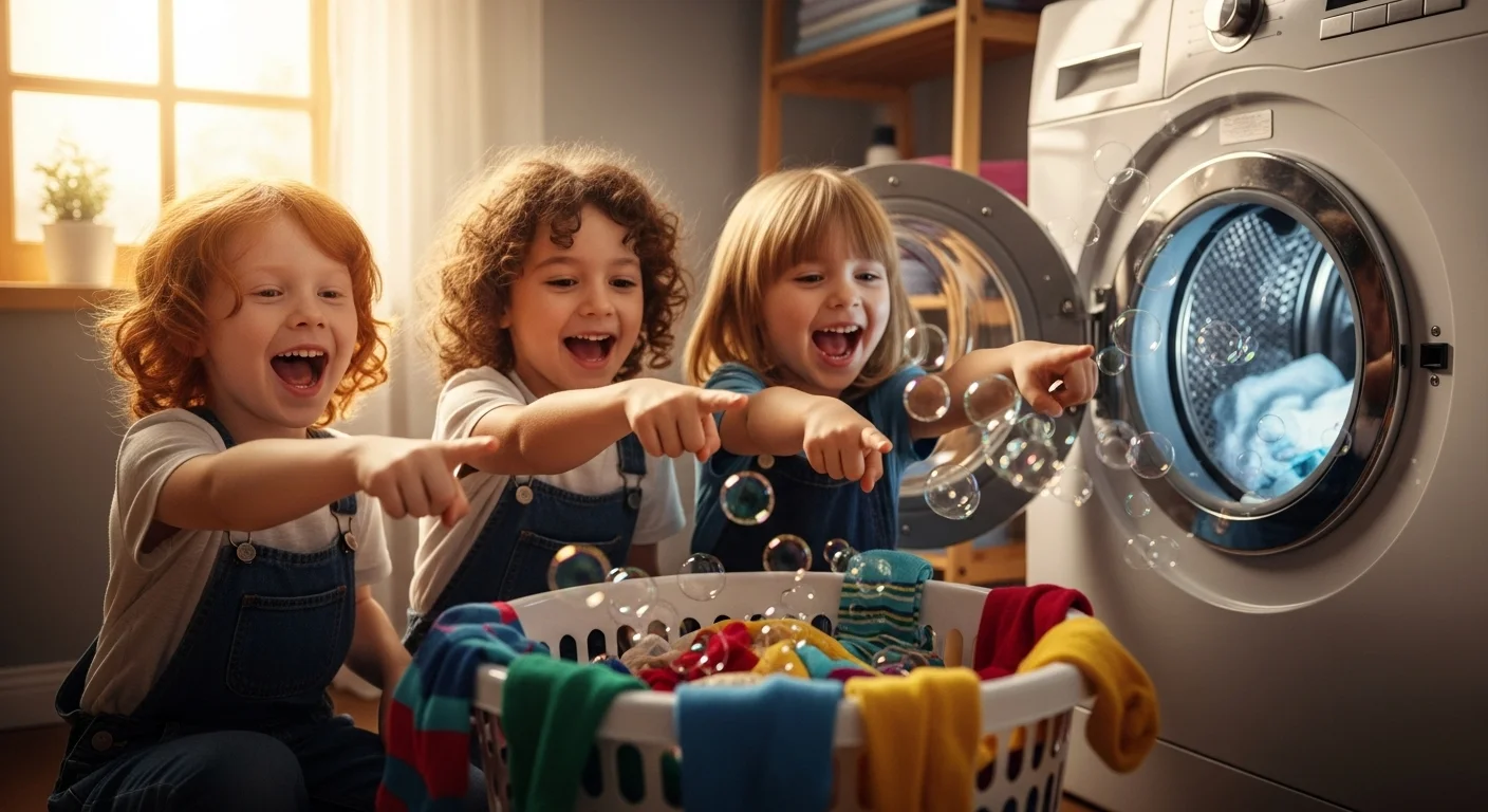 125+ Washing Machine Riddles with Answers: Fun Brain Teasers for All Ages 1 Three happy children playing with soap bubbles near washing machine