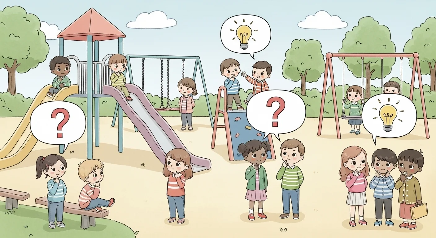 125+ Tuesday Riddles with Answers to Brighten Your Week 2 Kids playing riddle games at playground with lightbulb thought bubbles