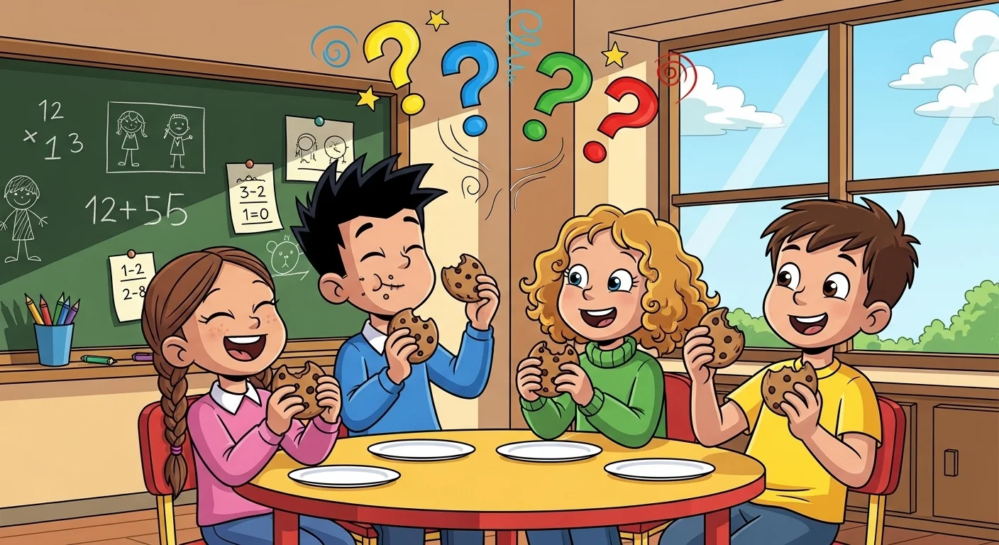 Happy children eating cookies while solving riddles in classroom