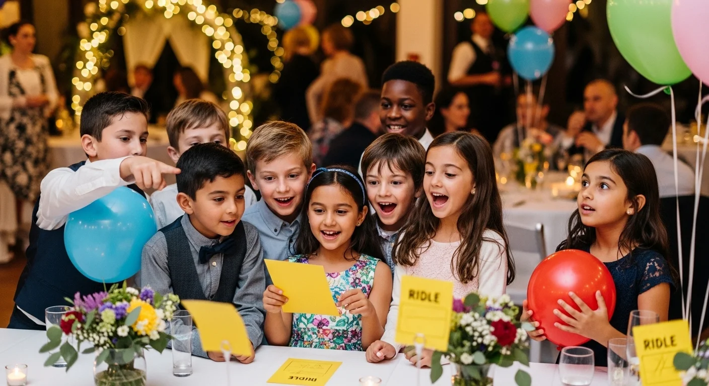 Happy children solving wedding riddles with colorful balloons