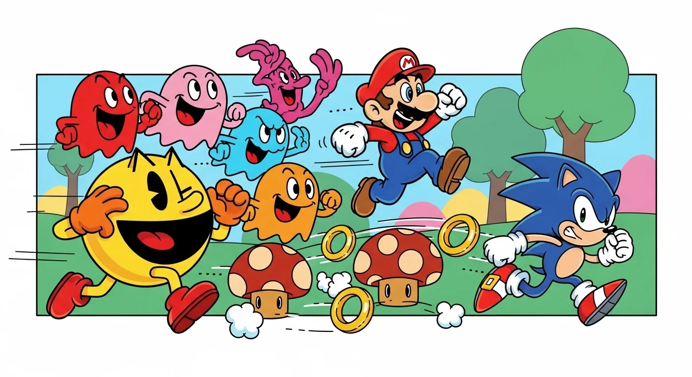 125+ Video Game Riddles with Answers: Funny, Tricky & Gamer-Approved 1 Classic gaming characters including Mario, Sonic, and Pac-Man running together