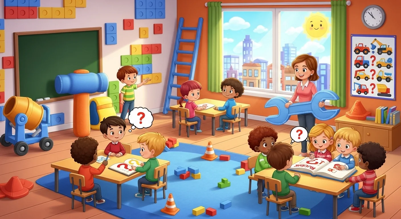 Children solving construction riddles in colorful classroom setting