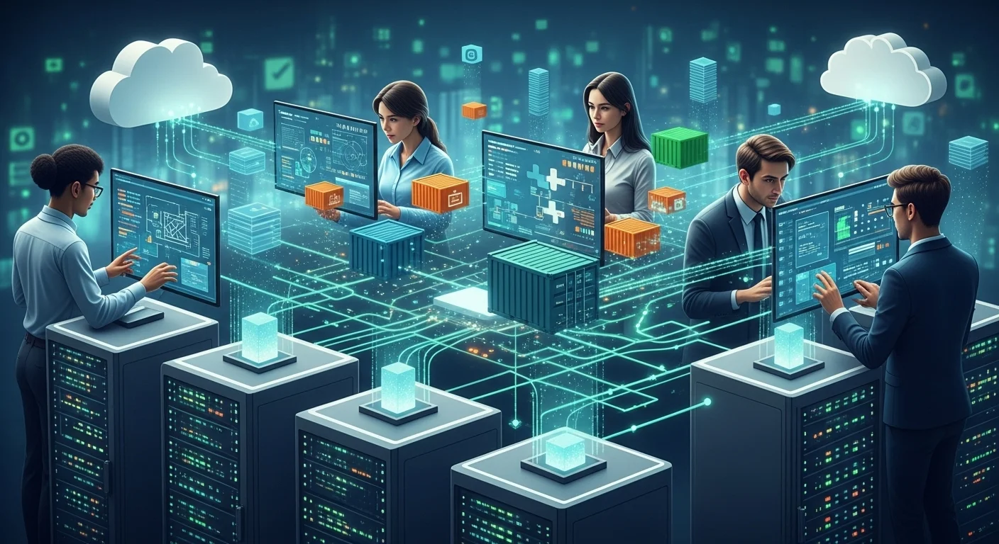 DevOps team managing cloud infrastructure with Docker containers