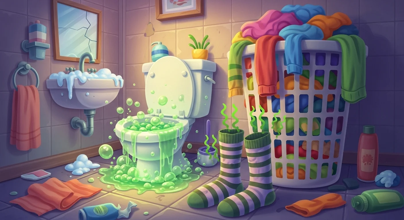 Cartoon bathroom with green bubbling toilet and rainbow laundry basket