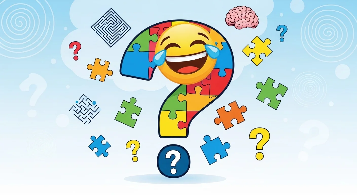 125+ Tuesday Riddles with Answers to Brighten Your Week 3 Colorful puzzle piece question mark with laughing emoji and brain symbol