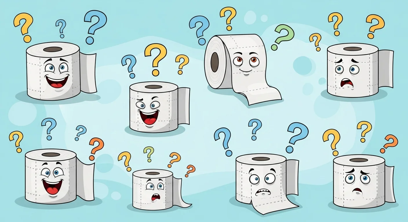 Multiple toilet paper rolls with confused expressions and question marks