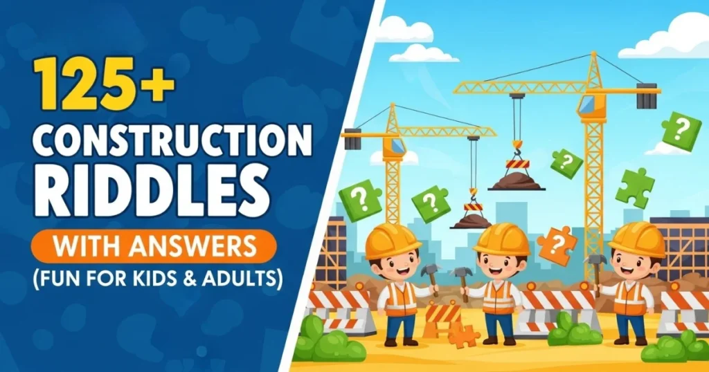 Construction riddles banner with cartoon workers and cranes for kids