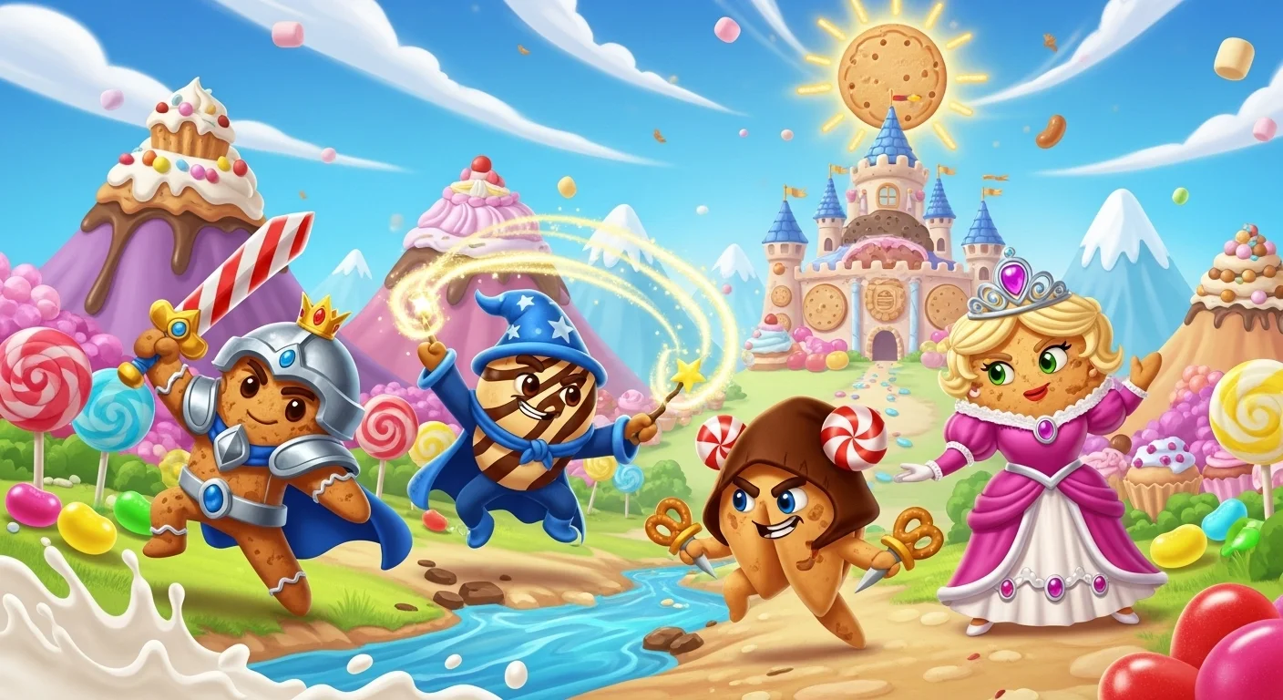 Fantasy cookie characters in magical candy land with castle
