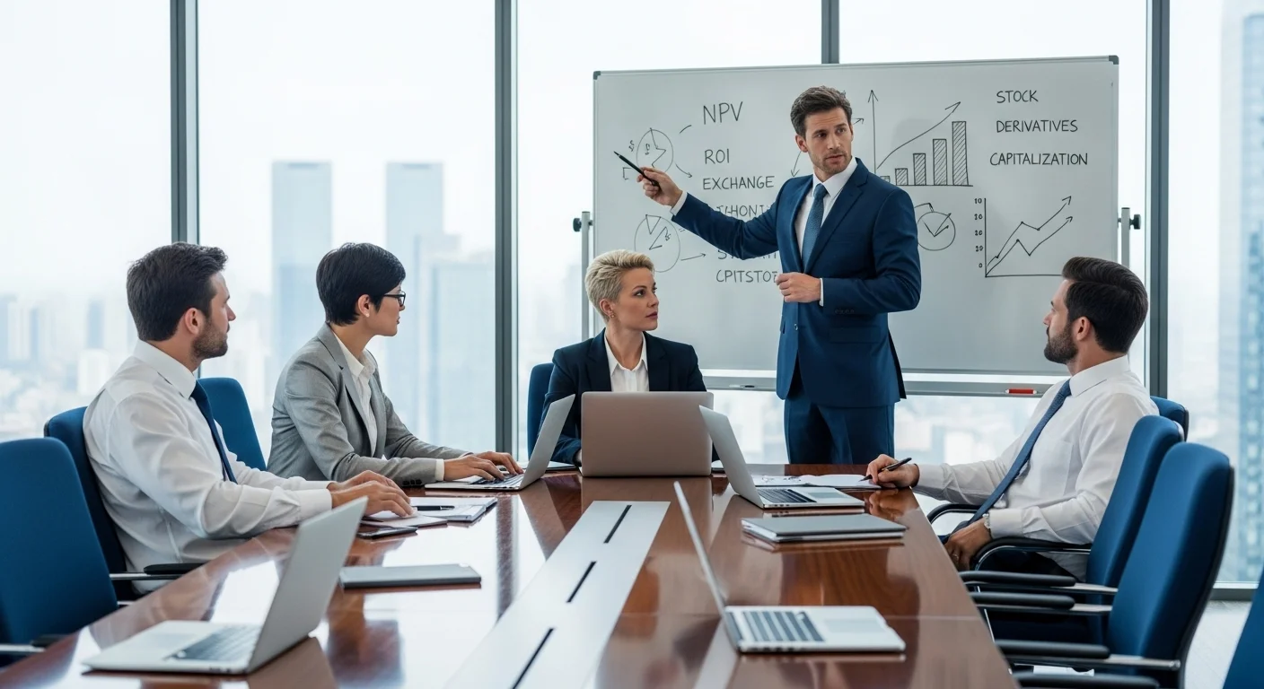 Business professionals in finance meeting analyzing investment data