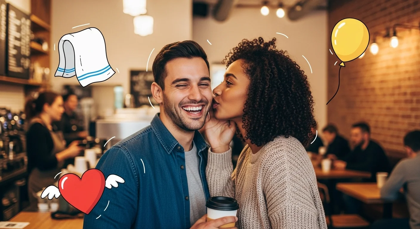 Happy couple whispering romantic riddles in cozy coffee shop