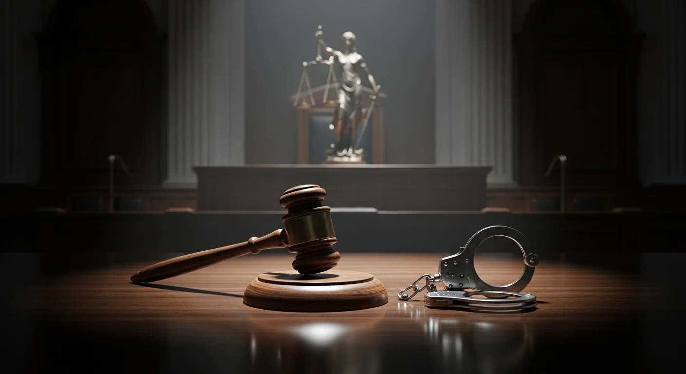 Dramatic courtroom scene with gavel and handcuffs representing justice