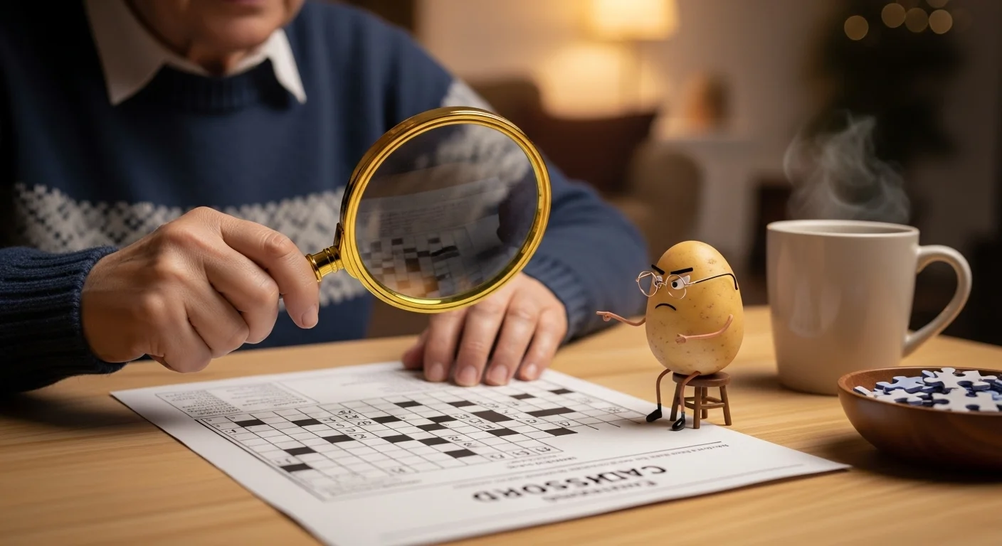 125+ Potato Riddles with Answers: Funny, Tricky & Totally Spud-tacular 3 Person solving crossword puzzle with magnifying glass and potato detective