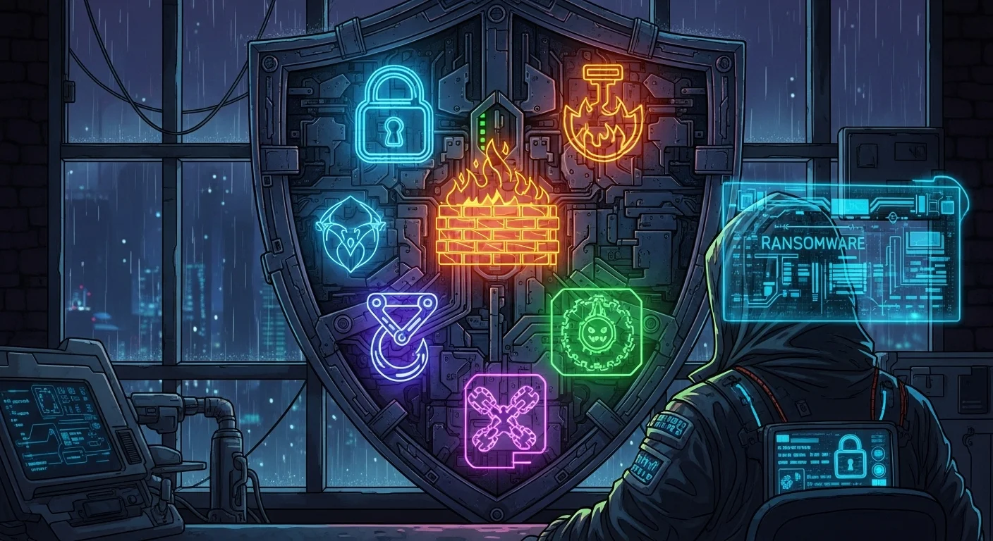 Cybersecurity shield protecting against malware and digital threats