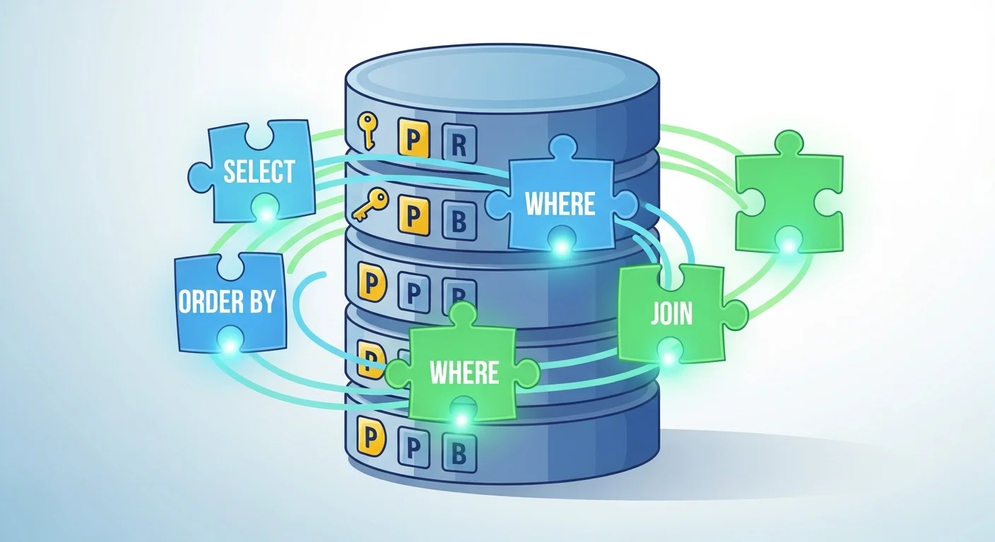 SQL database query puzzle pieces showing SELECT WHERE JOIN ORDER BY