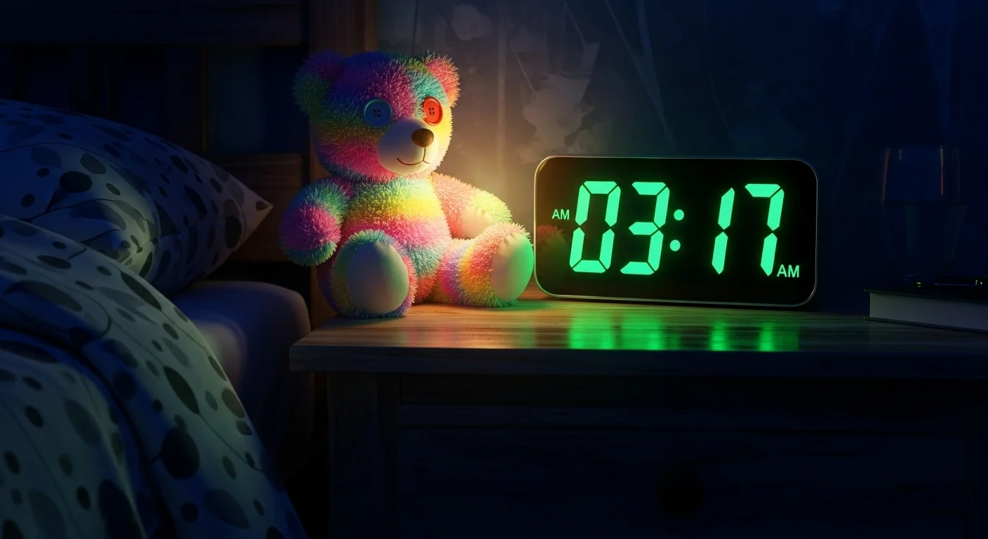 Glowing digital alarm clock showing 09:11 AM with rainbow teddy bear
