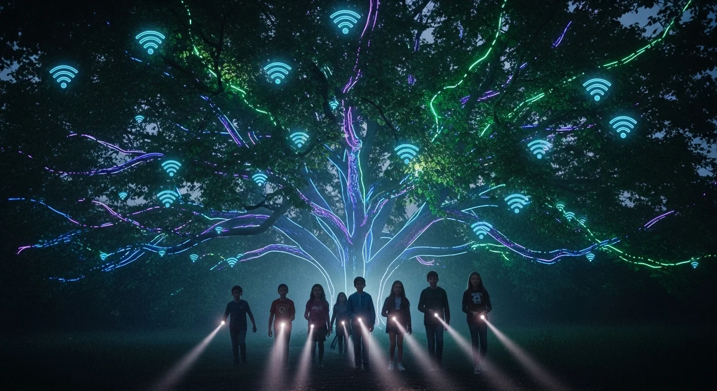 People with flashlights under tree with digital wifi symbols overlay