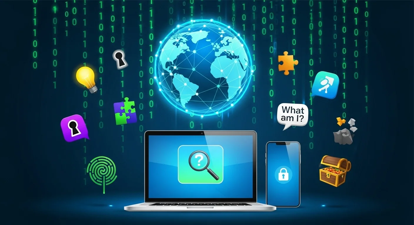 125+ Tuesday Riddles with Answers to Brighten Your Week 12 Digital devices with mystery icons, globe network, and cyber investigation tools