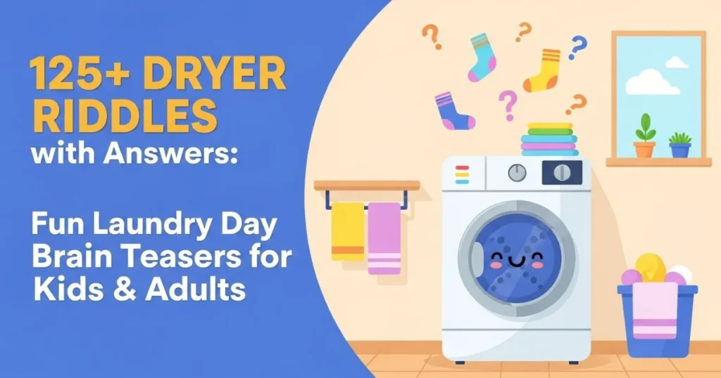 Colorful banner featuring dryer riddles with cartoon washing machine