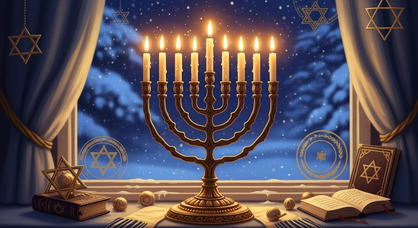 Ornate bronze menorah with nine lit candles and Star of David