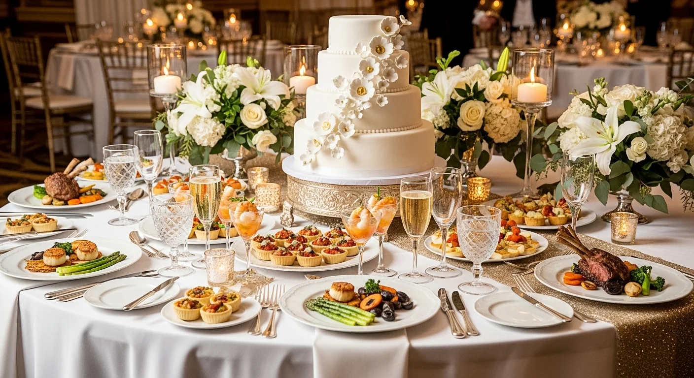 Elegant wedding reception table with white tiered cake and floral centerpieces
