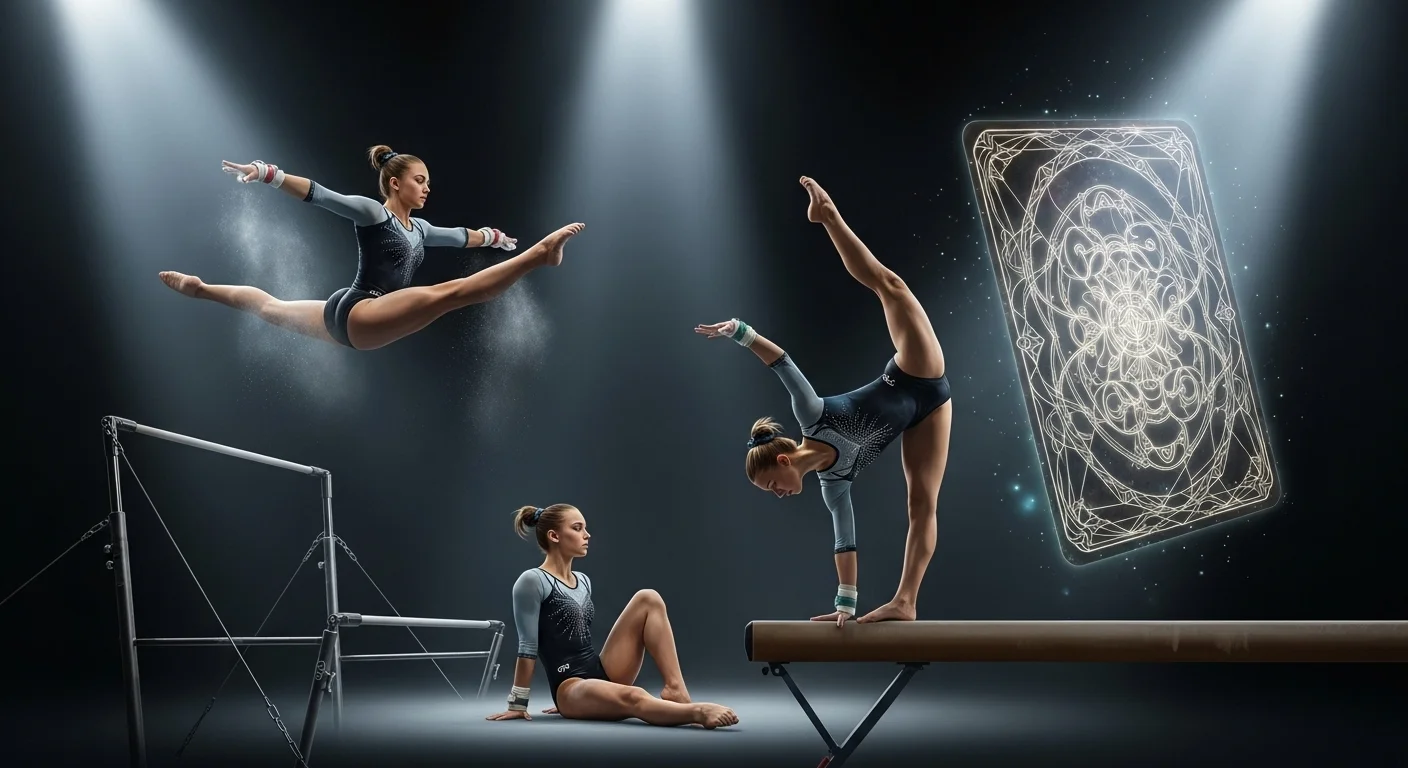 Professional gymnasts performing elite routines with mystical challenge elements