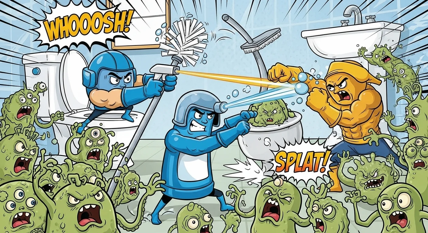 Cartoon cleaning products battling germs in bathroom setting
