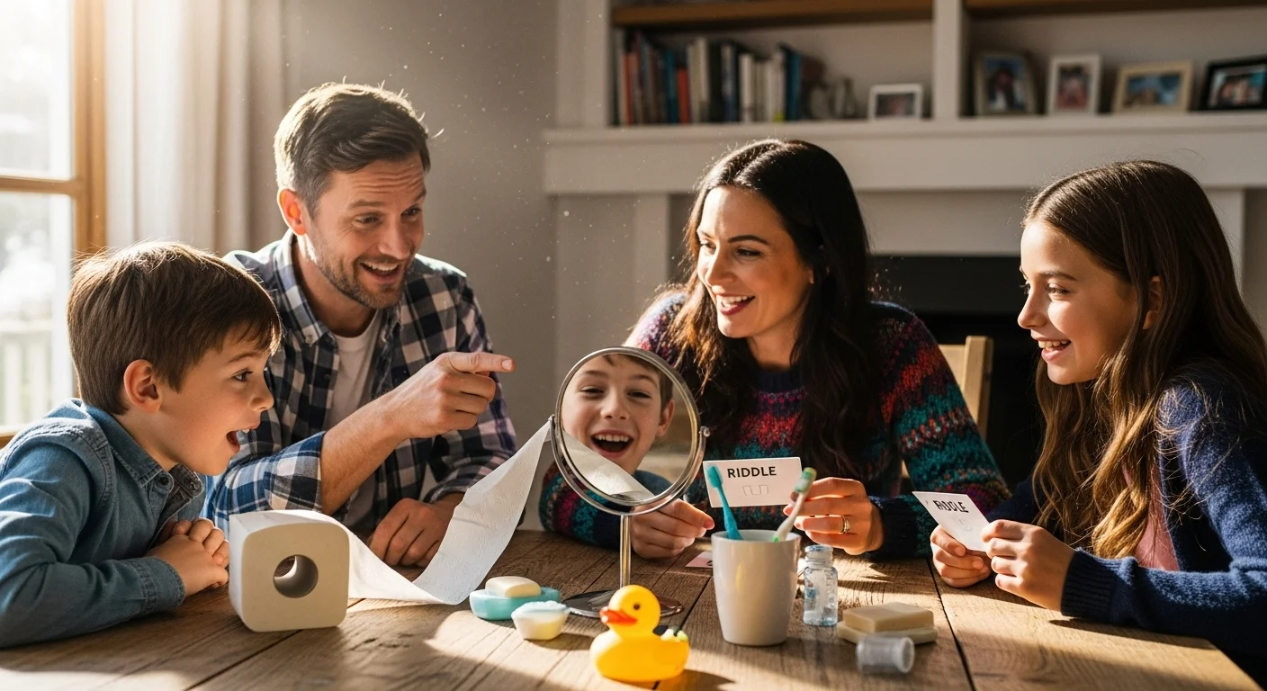 Happy family playing bathroom riddles together at wooden table
