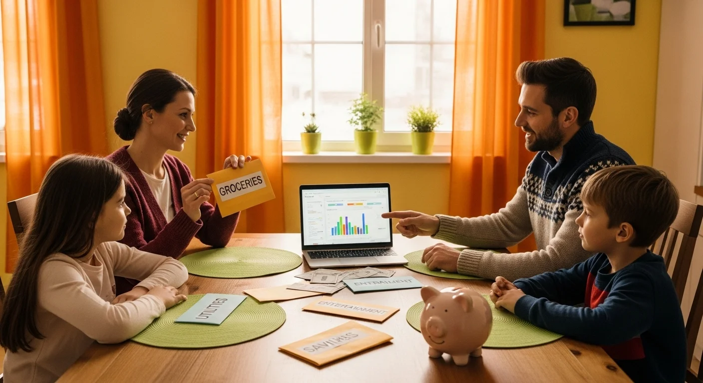 Family creating budget plan with financial charts and piggy bank