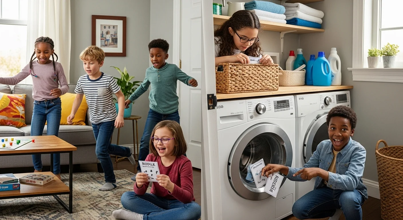 125+ Washing Machine Riddles with Answers: Fun Brain Teasers for All Ages 3 Family with children holding riddle cards in modern laundry room