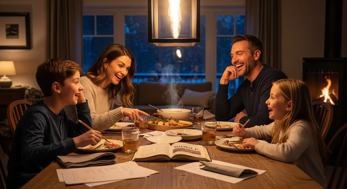 125+ Tuesday Riddles with Answers to Brighten Your Week 9 Happy family solving riddles together during cozy dinner time