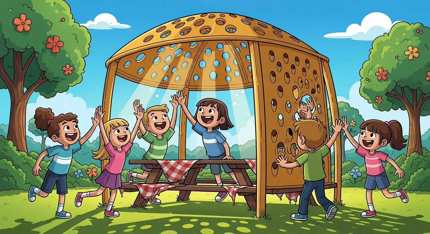 Happy children celebrating under wooden park pavilion structure