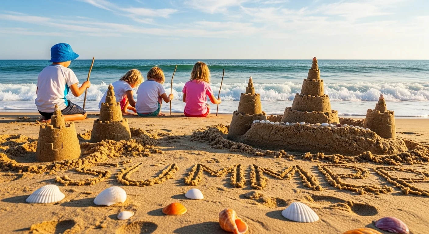 Multi-generational family enjoying sand riddles beach activities