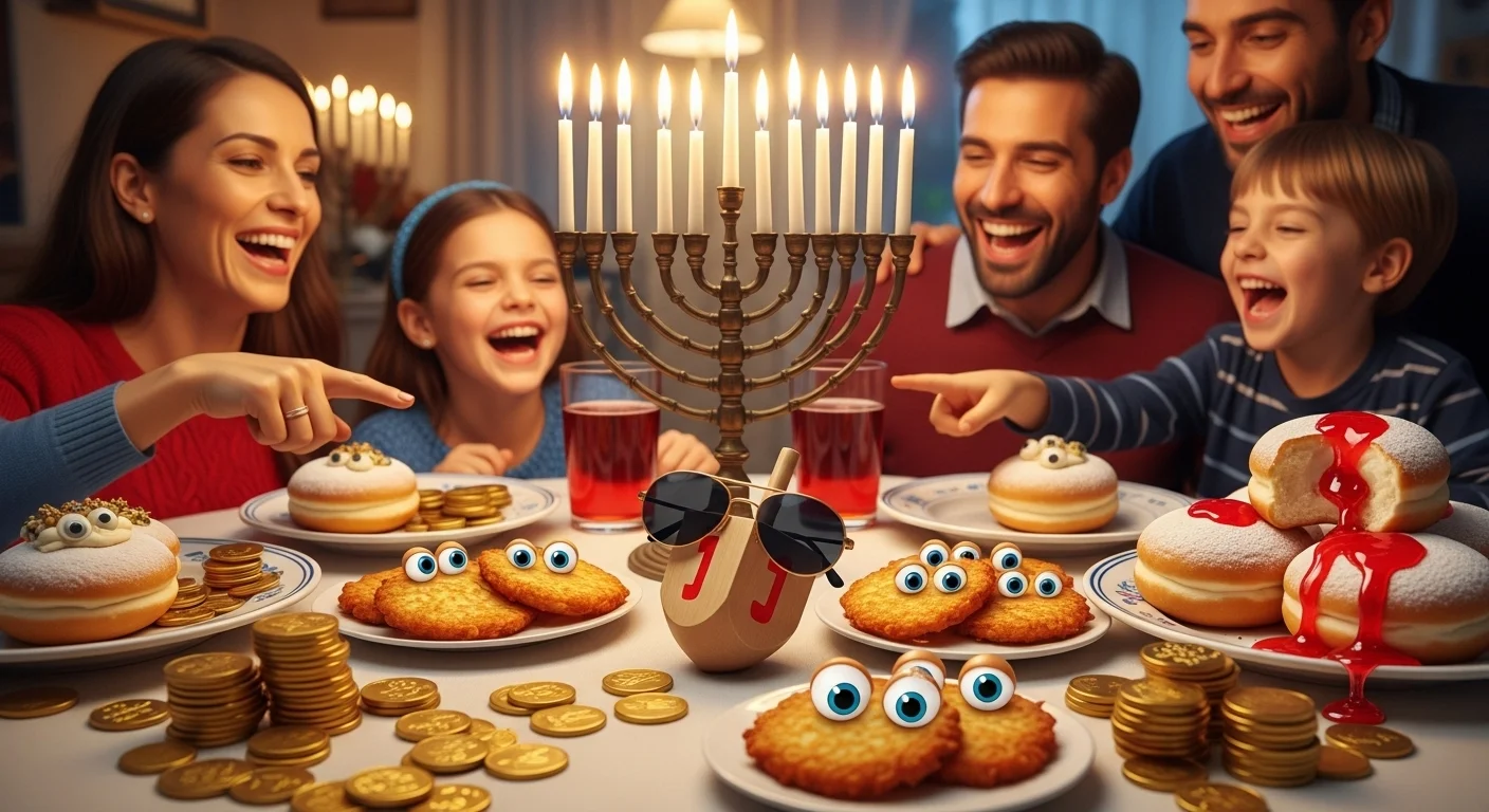 Happy family pointing at cartoon Hanukkah foods with menorah