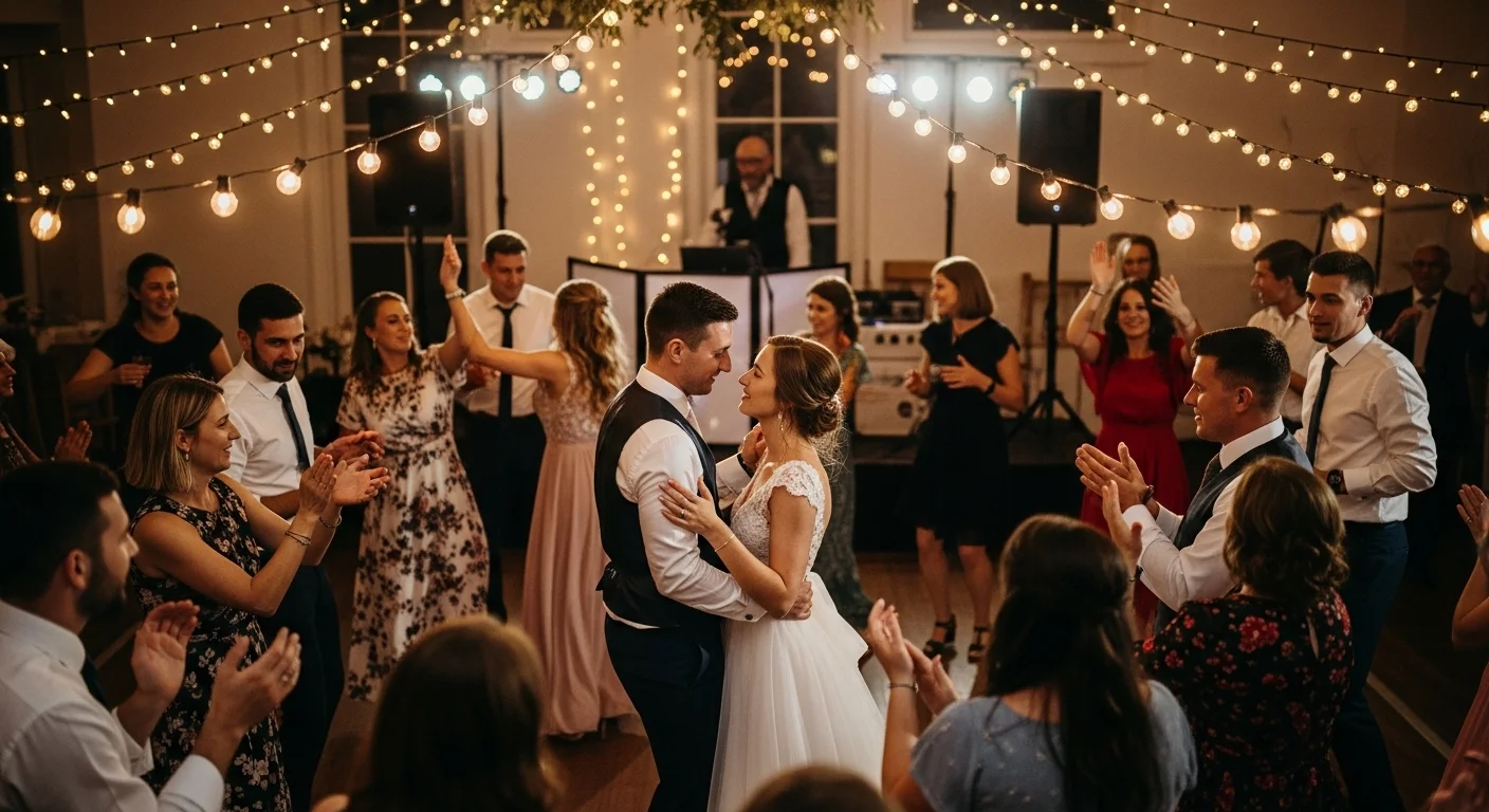 Wedding first dance under romantic string lights at reception