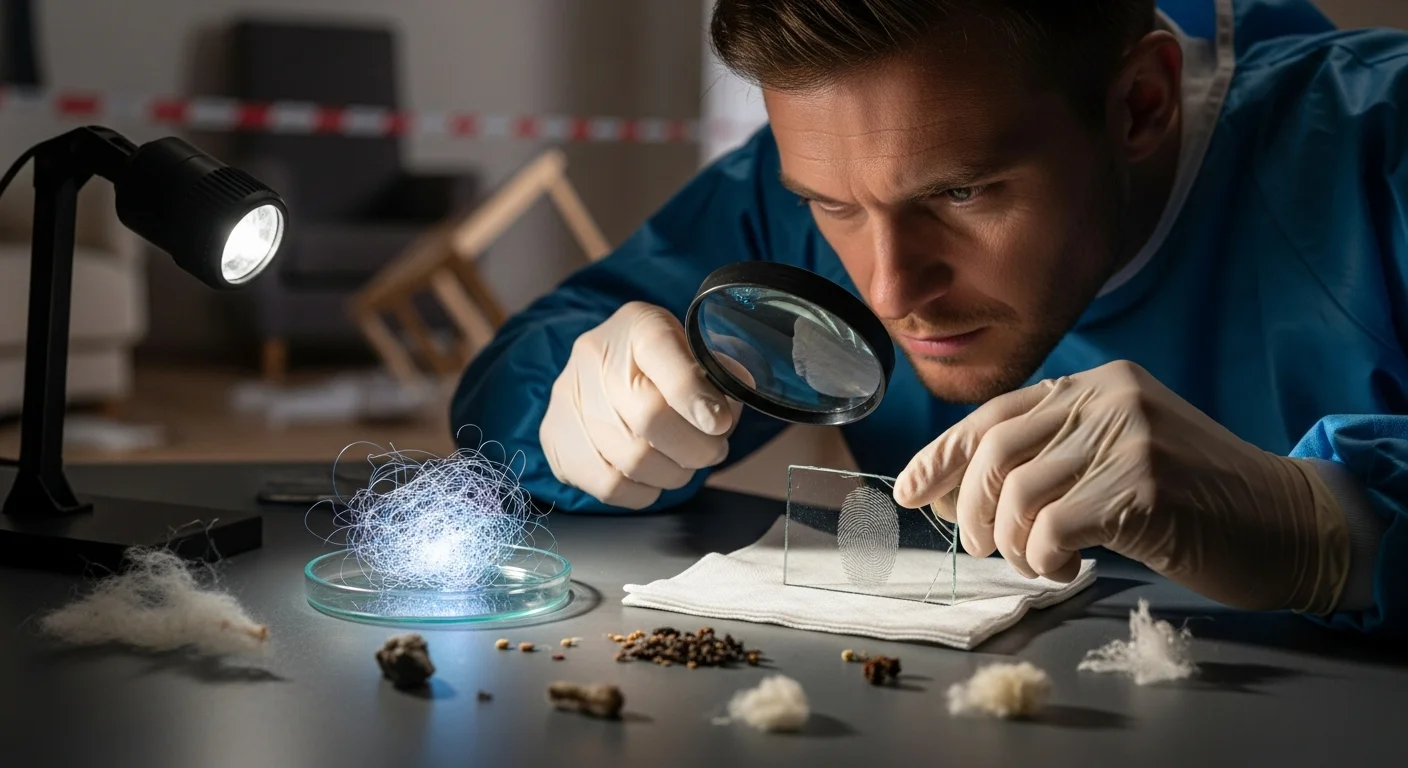 Forensic scientist analyzing fingerprint evidence with magnifying glass