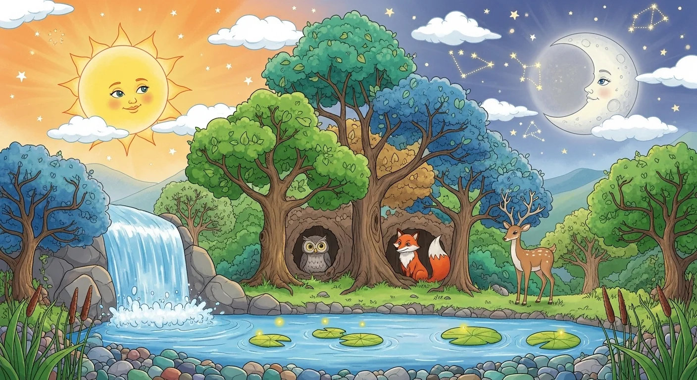 125+ Tuesday Riddles with Answers to Brighten Your Week 10 Forest ecosystem with wildlife animals, waterfall, and day-night cycle