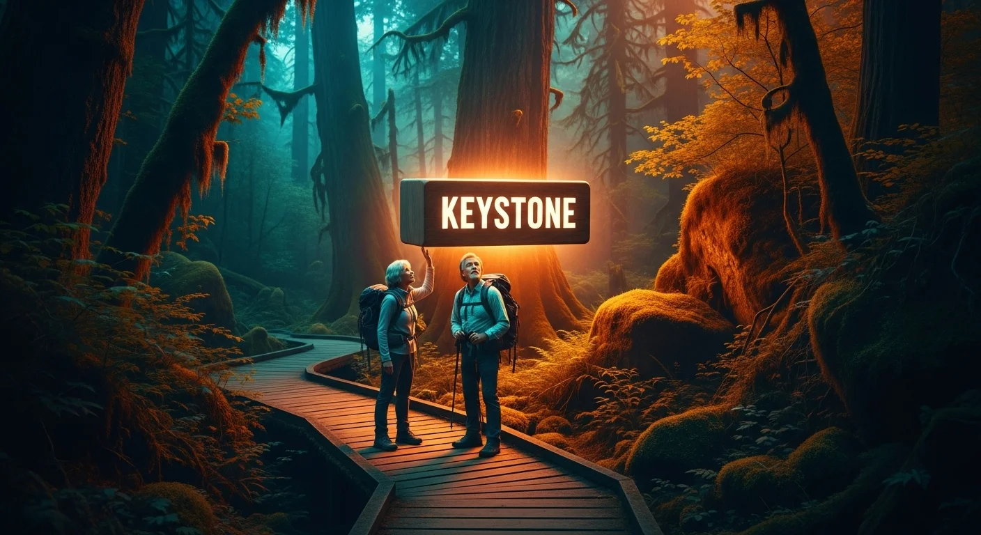 Two hikers discovering illuminated Keystone sign on forest boardwalk