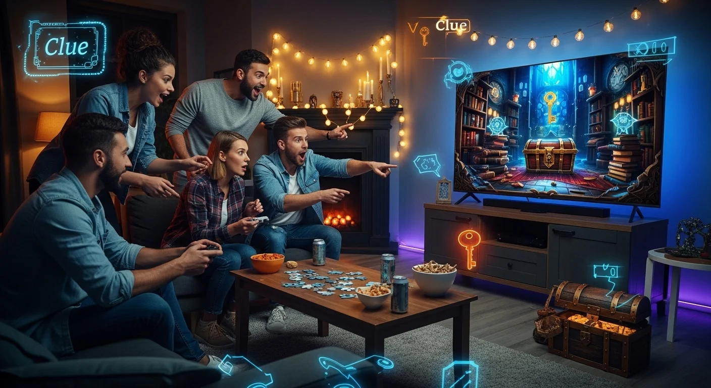 125+ Video Game Riddles with Answers: Funny, Tricky & Gamer-Approved 5 Friends enjoying video game riddles together in cozy living room setting